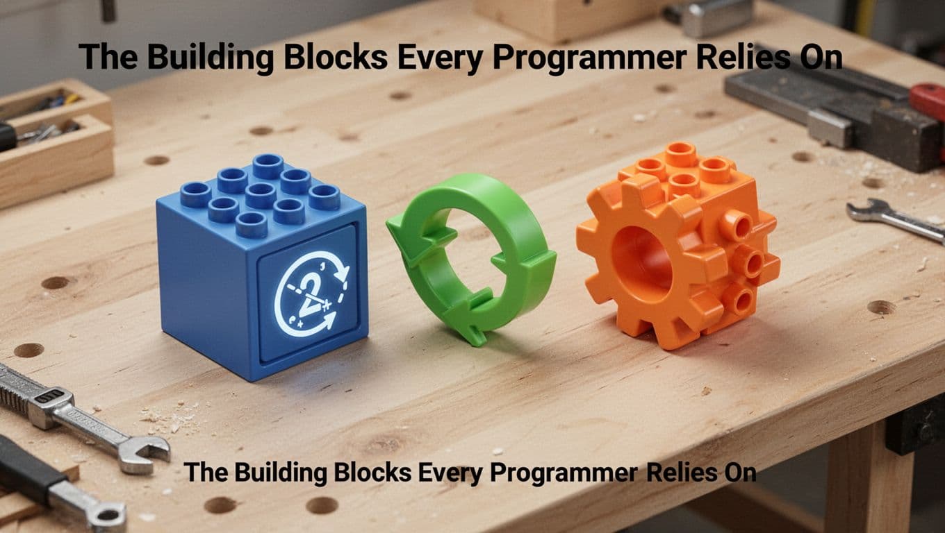 Colorful interlocking building blocks on a light wooden workbench representing programming concepts: blue box for variable with number icon, green looping arrow for loop, orange gear for function, in isometric 3D view with soft studio lighting.